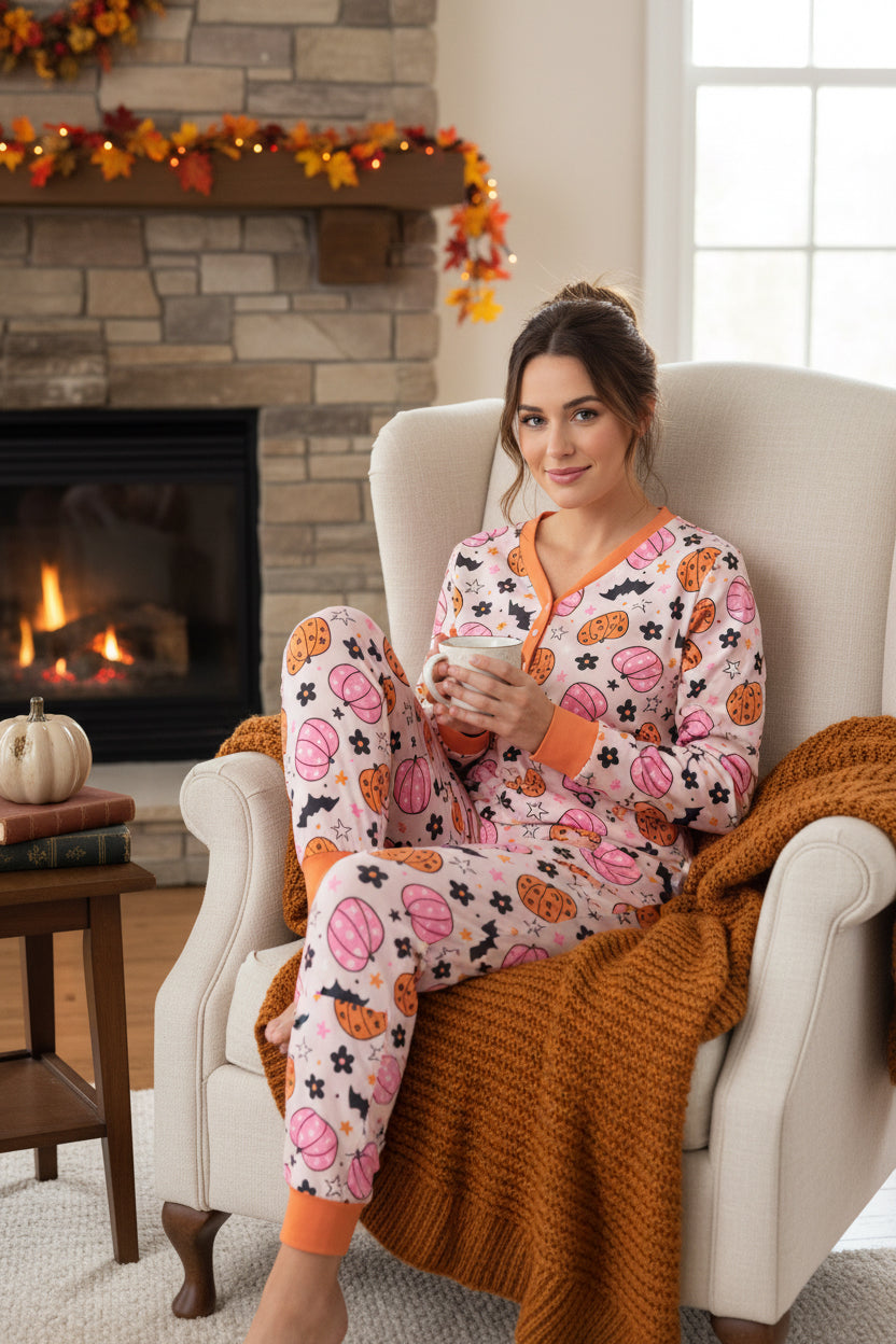 Pink Halloween Pumpkin Print Long Sleeve Home Wear Lounge Set