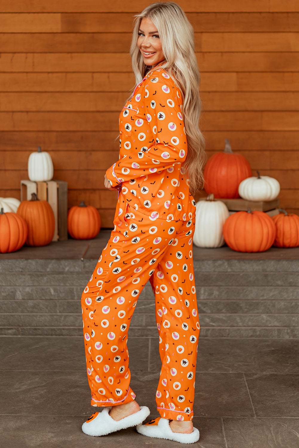 Orange Halloween Print Lapel Shirt Long 2pcs Pajama Set