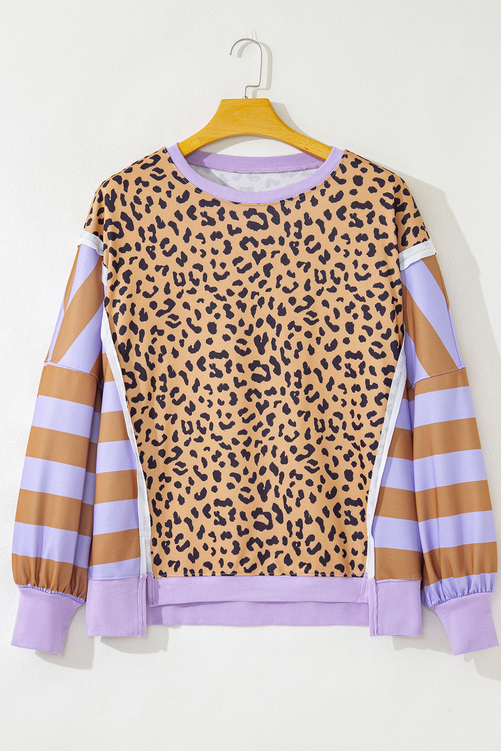 Khaki Leopard Striped Patchwork Plus Size Loose Sweatshirt