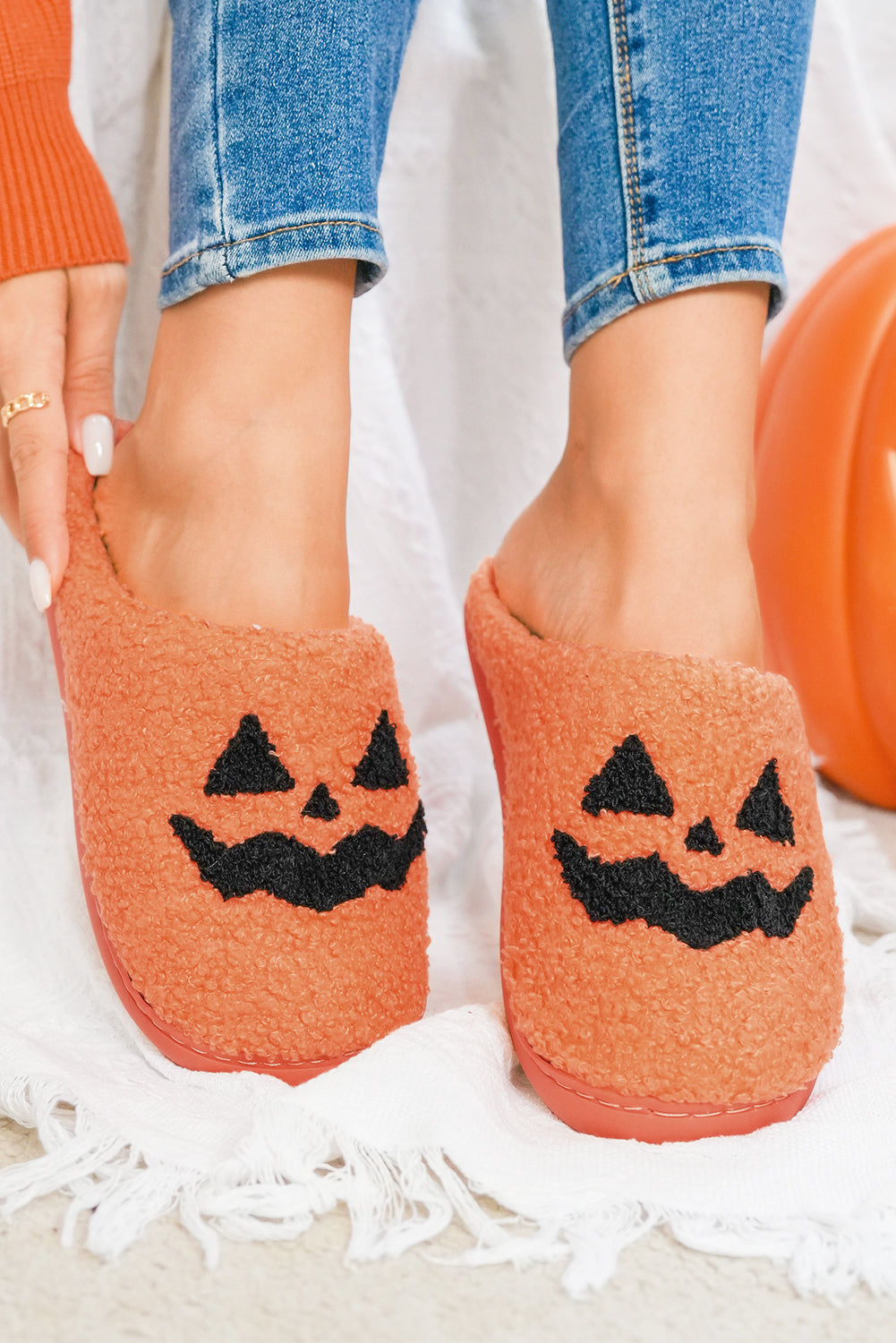 Orange Halloween Pumpkin Face Graphic Plush Slippers