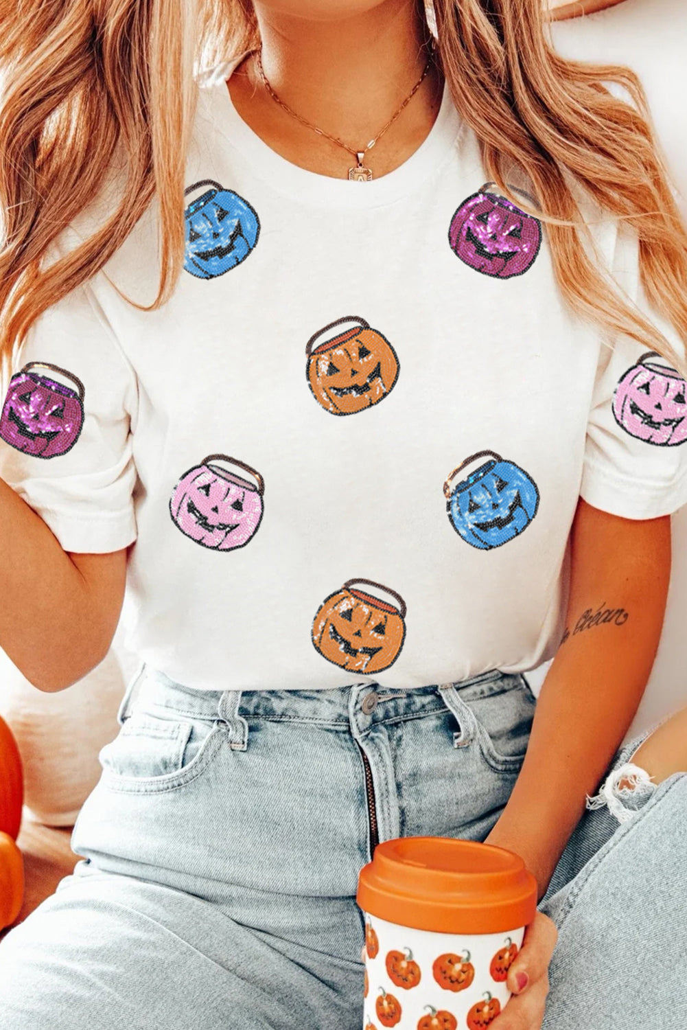 White Sequin Pumpkin Face Patched Crew Neck Holiday T Shirt