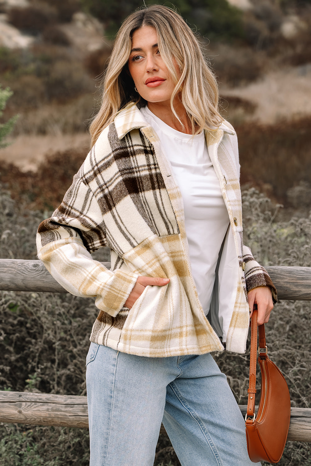 Multicolour Plaid Patchwork Side Pockets Buttoned Shacket