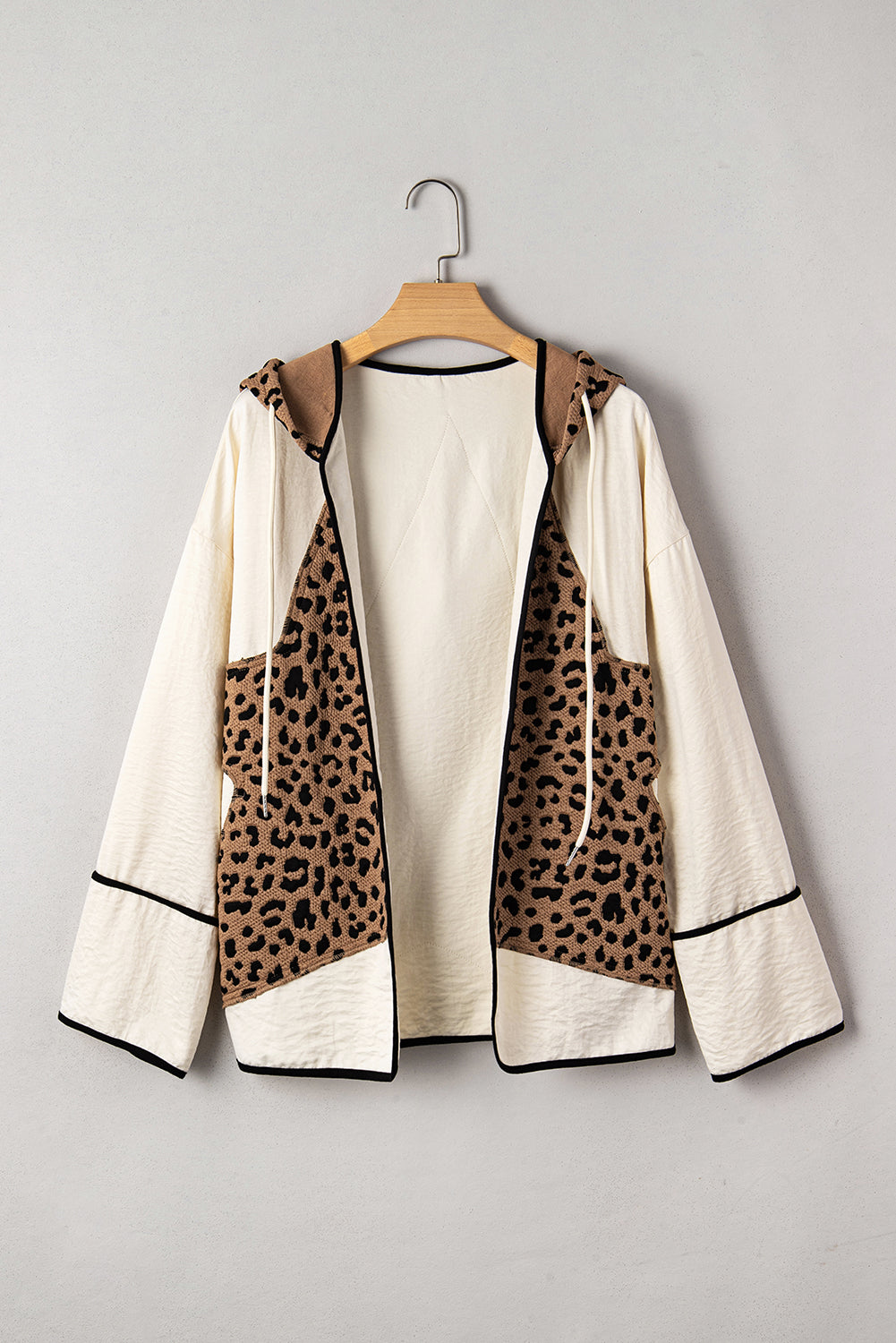 Brown Leopard Star Hooded Patchwork Contrast Piping Open Front Jacket